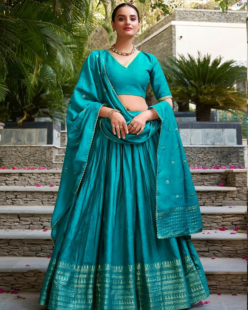 Graceful Sky Blue Color Pure Chanderi Lehenga Choli