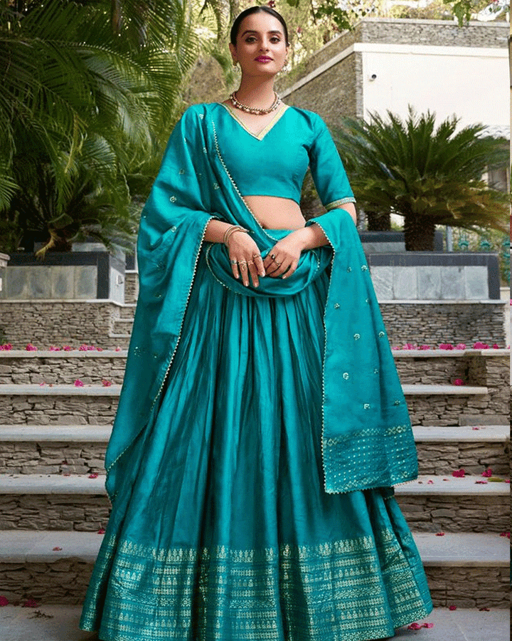 Graceful Sky Blue Color Pure Chanderi Lehenga Choli