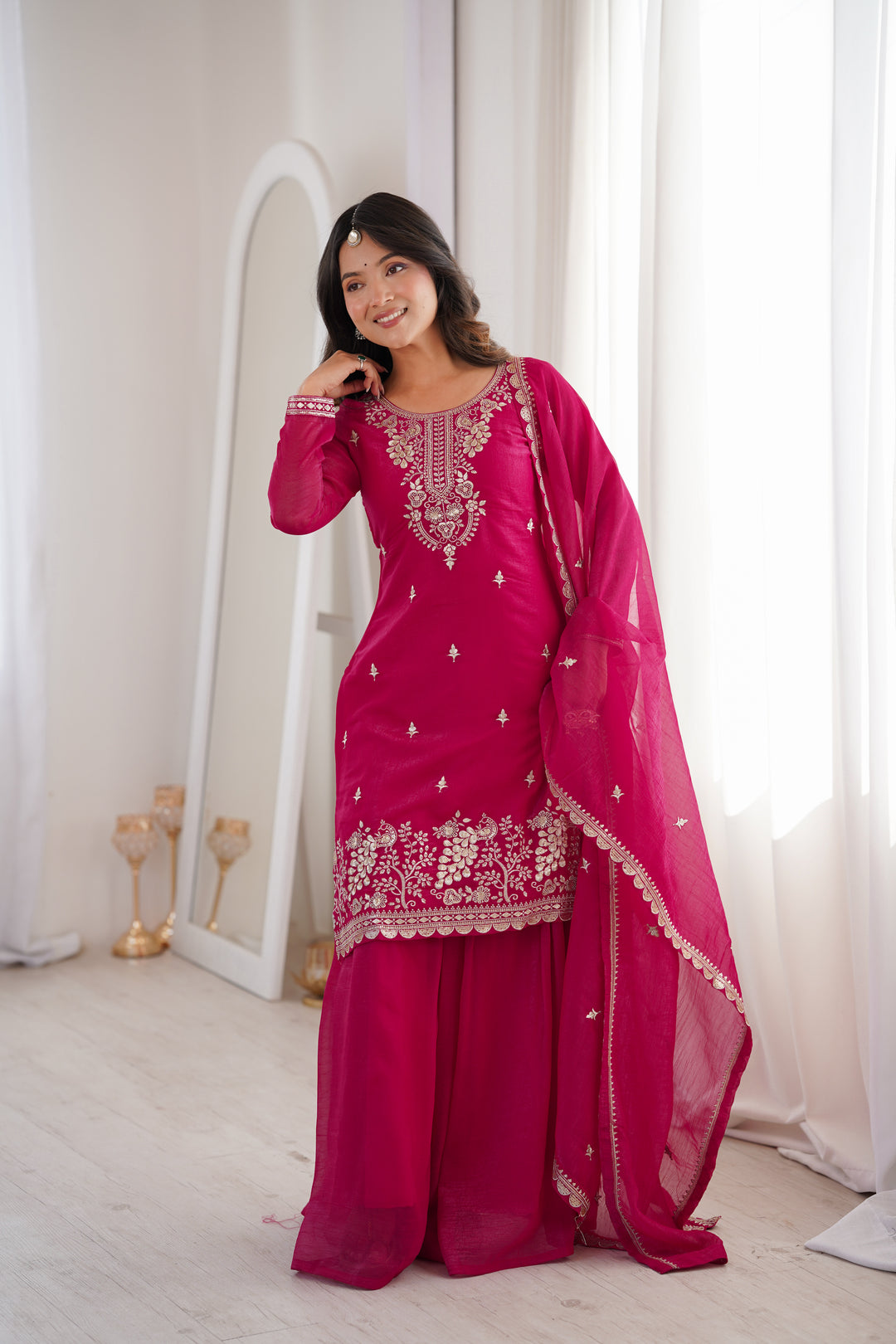 Rani Pink Silver Embroidered Silk Sharara Suit