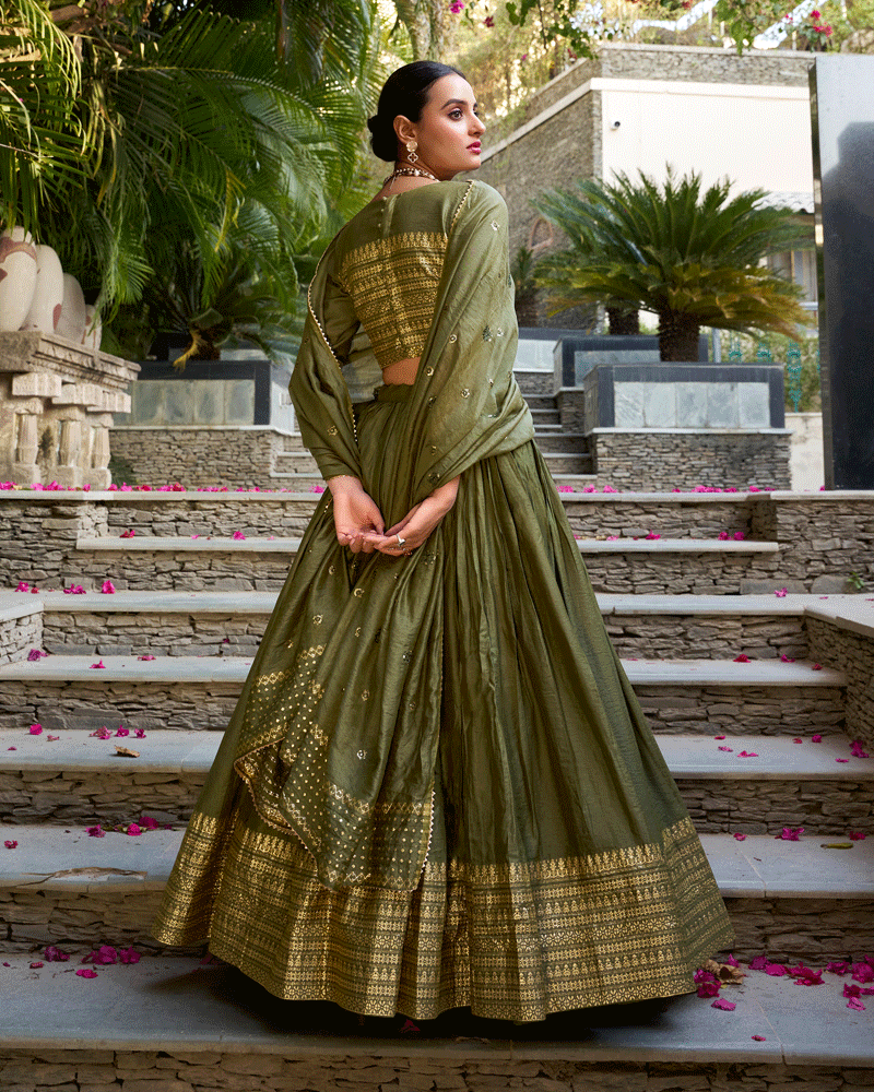 Elegant Olive Green Color Pure Chanderi Lehenga Choli