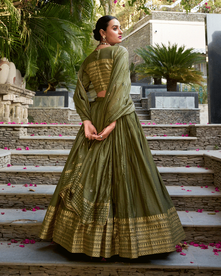 Elegant Olive Green Color Pure Chanderi Lehenga Choli