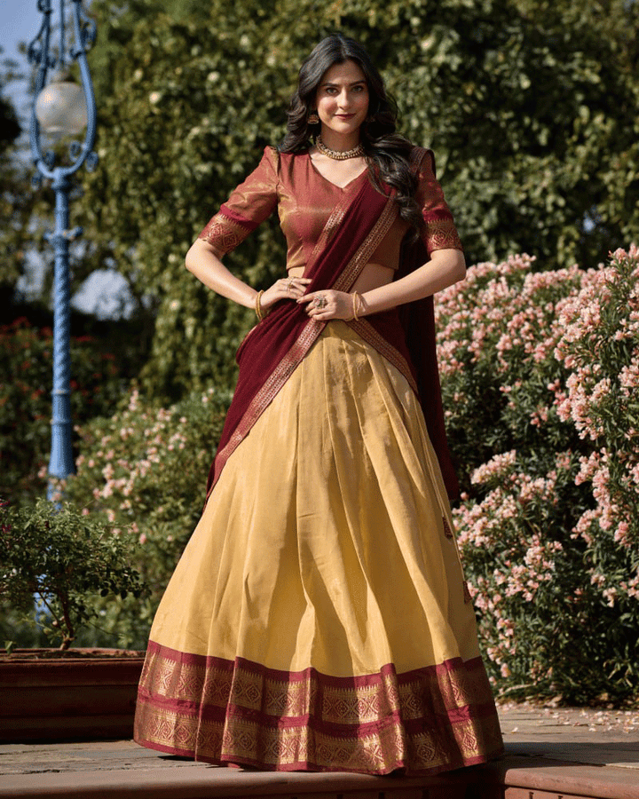 Designer Cream Kanchipuram Half Saree