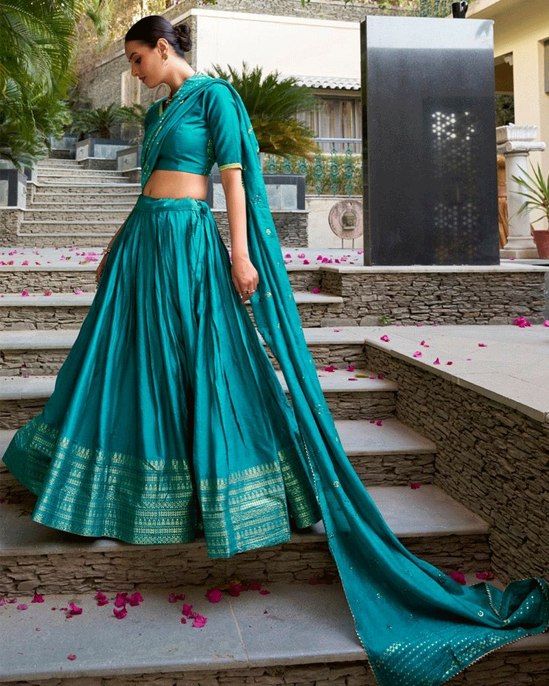 Graceful Sky Blue Color Pure Chanderi Lehenga Choli