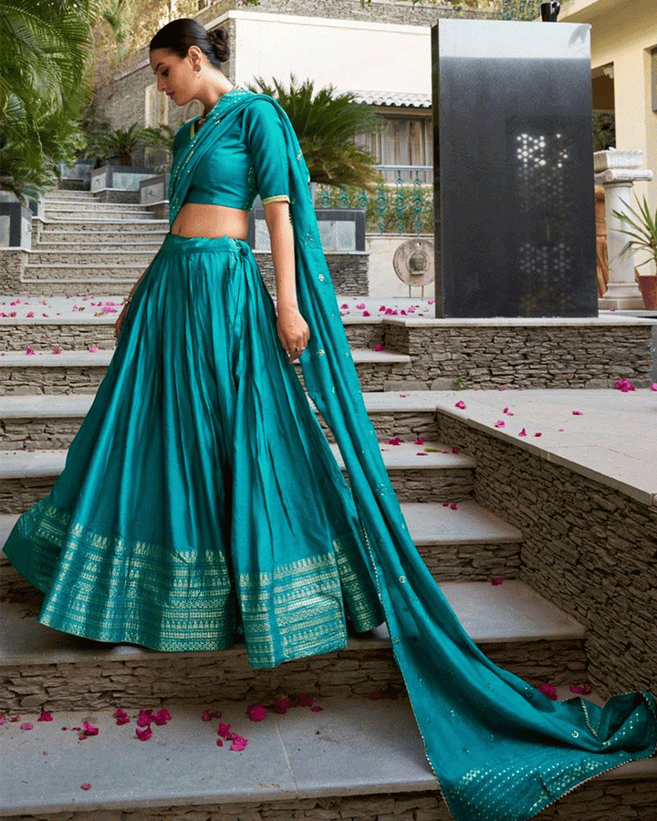 Graceful Sky Blue Color Pure Chanderi Lehenga Choli