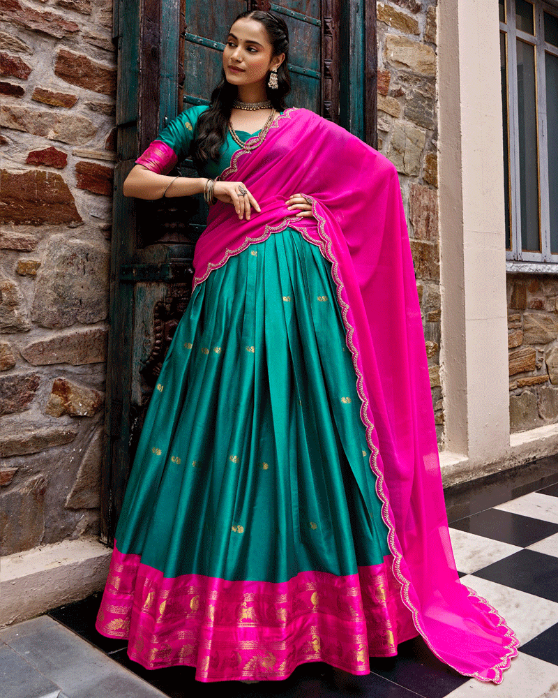 Elegant Teal Green Color Traditional Cotton Silk Half Saree