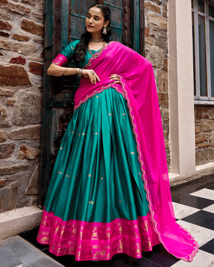 Elegant Teal Green Color Traditional Cotton Silk Half Saree