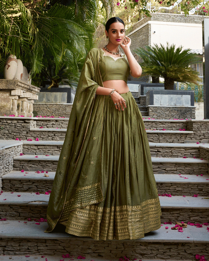 Elegant Olive Green Color Pure Chanderi Lehenga Choli