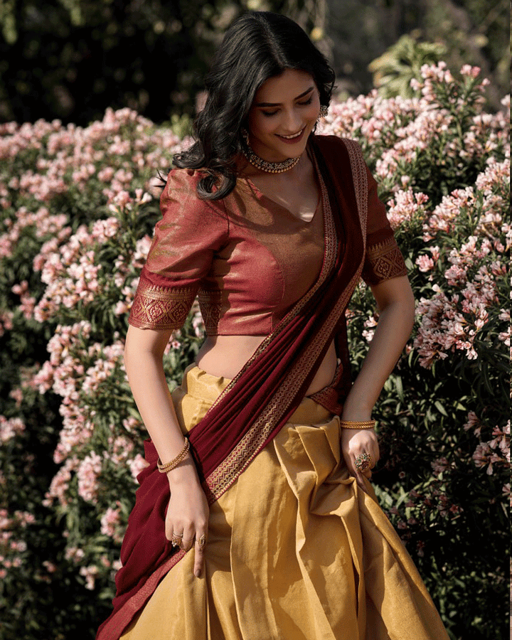 Designer Cream Kanchipuram Half Saree