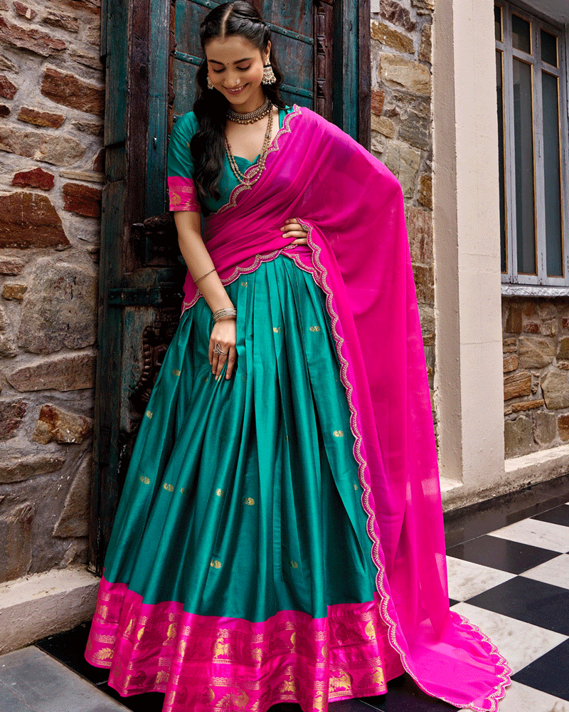 Elegant Teal Green Color Traditional Cotton Silk Half Saree