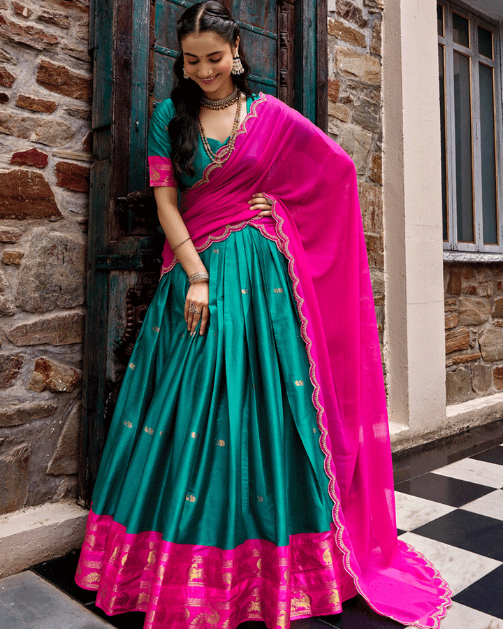Elegant Teal Green Color Traditional Cotton Silk Half Saree