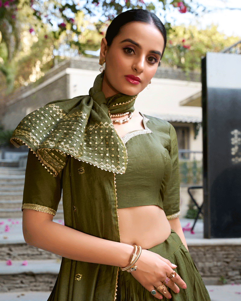 Elegant Olive Green Color Pure Chanderi Lehenga Choli
