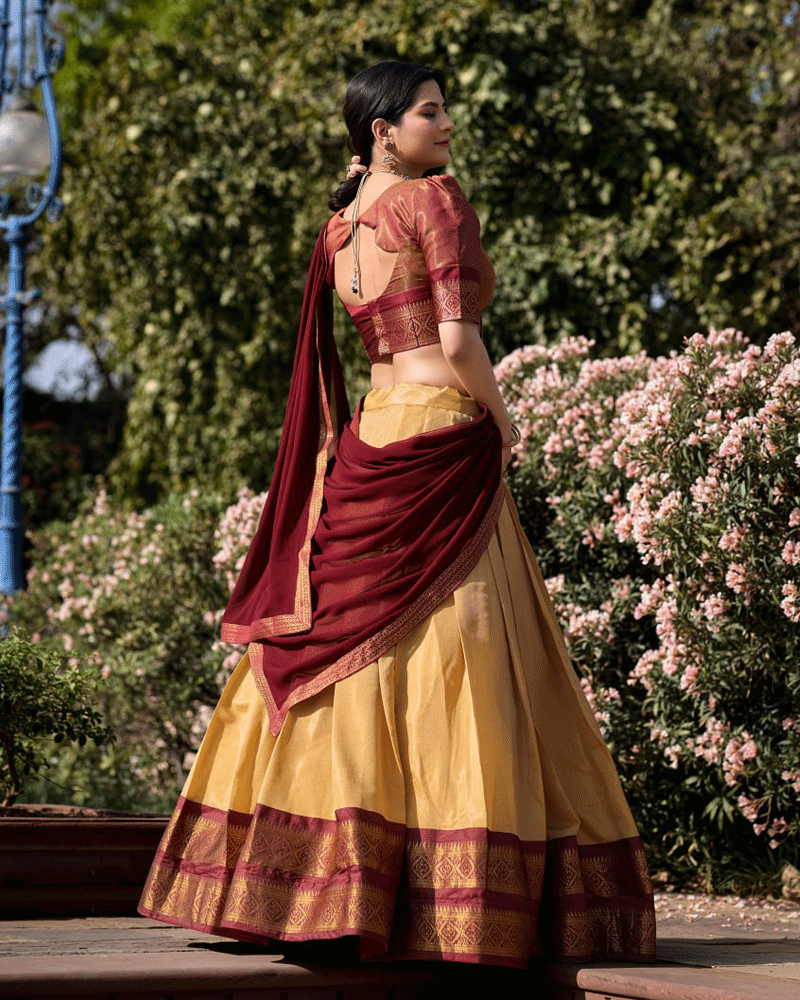 Designer Cream Kanchipuram Half Saree