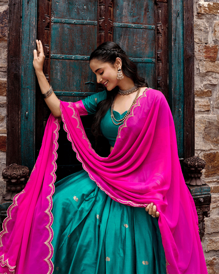 Elegant Teal Green Color Traditional Cotton Silk Half Saree