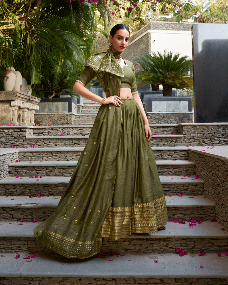 Elegant Olive Green Color Pure Chanderi Lehenga Choli
