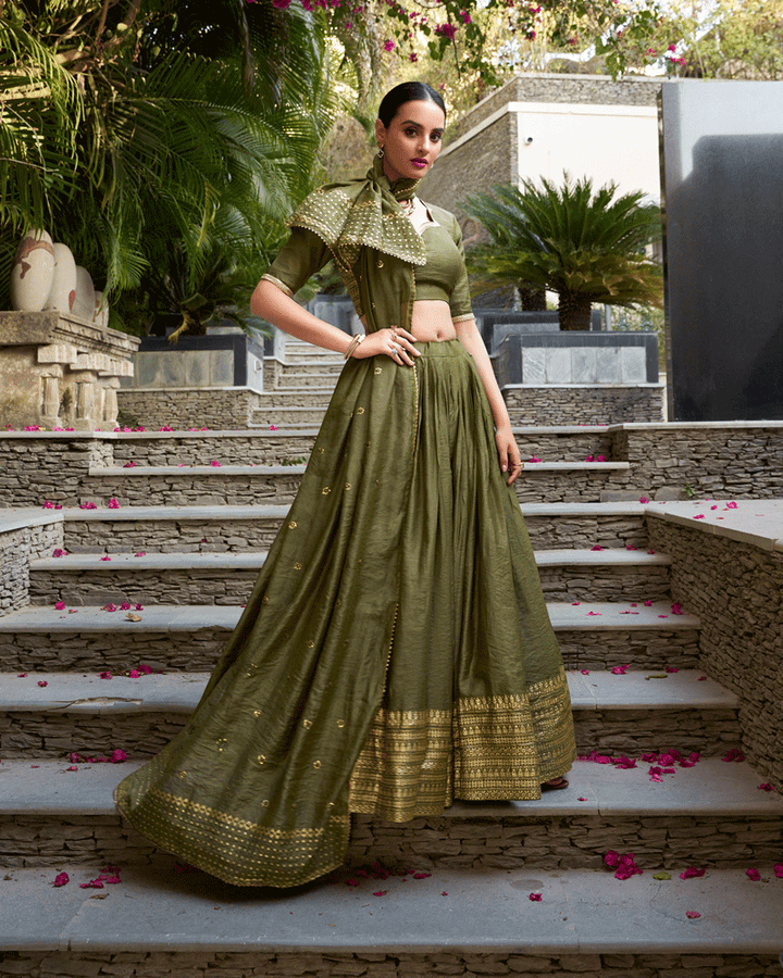 Elegant Olive Green Color Pure Chanderi Lehenga Choli
