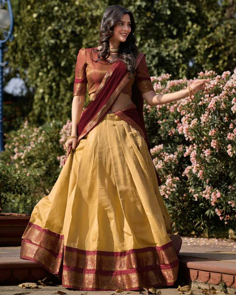 Designer Cream Kanchipuram Half Saree