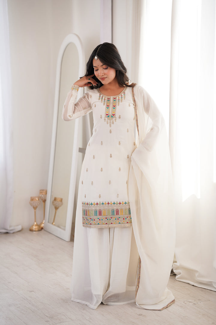 Designer White Crunchy Silk Embroidered Sharara Suit