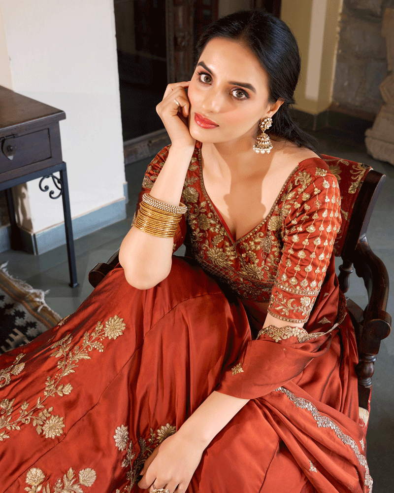 Rust Orange Floral Embroidered Rangoli Silk Lehenga Choli