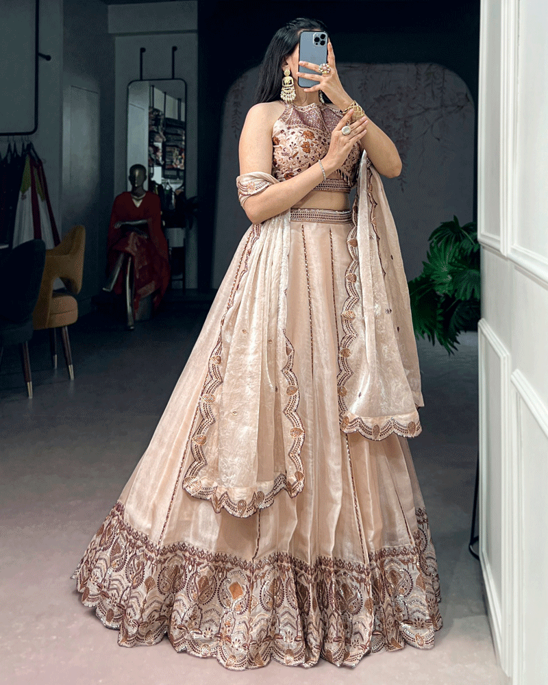 Elegant Beige Paisley Embellished Spider Crush Lehenga Choli