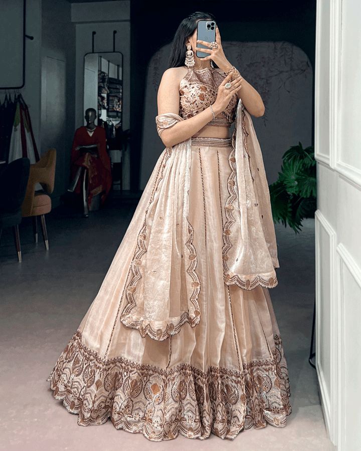 Elegant Beige Paisley Embellished Spider Crush Lehenga Choli