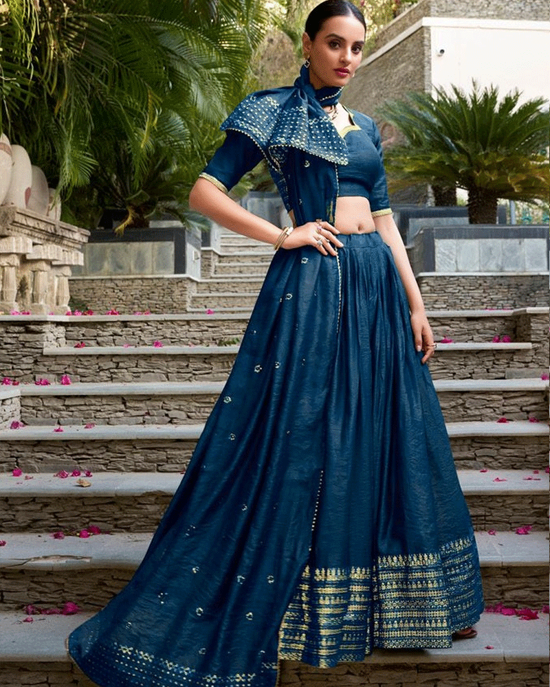 Royal Navy Blue Color Pure Chanderi Lehenga Choli
