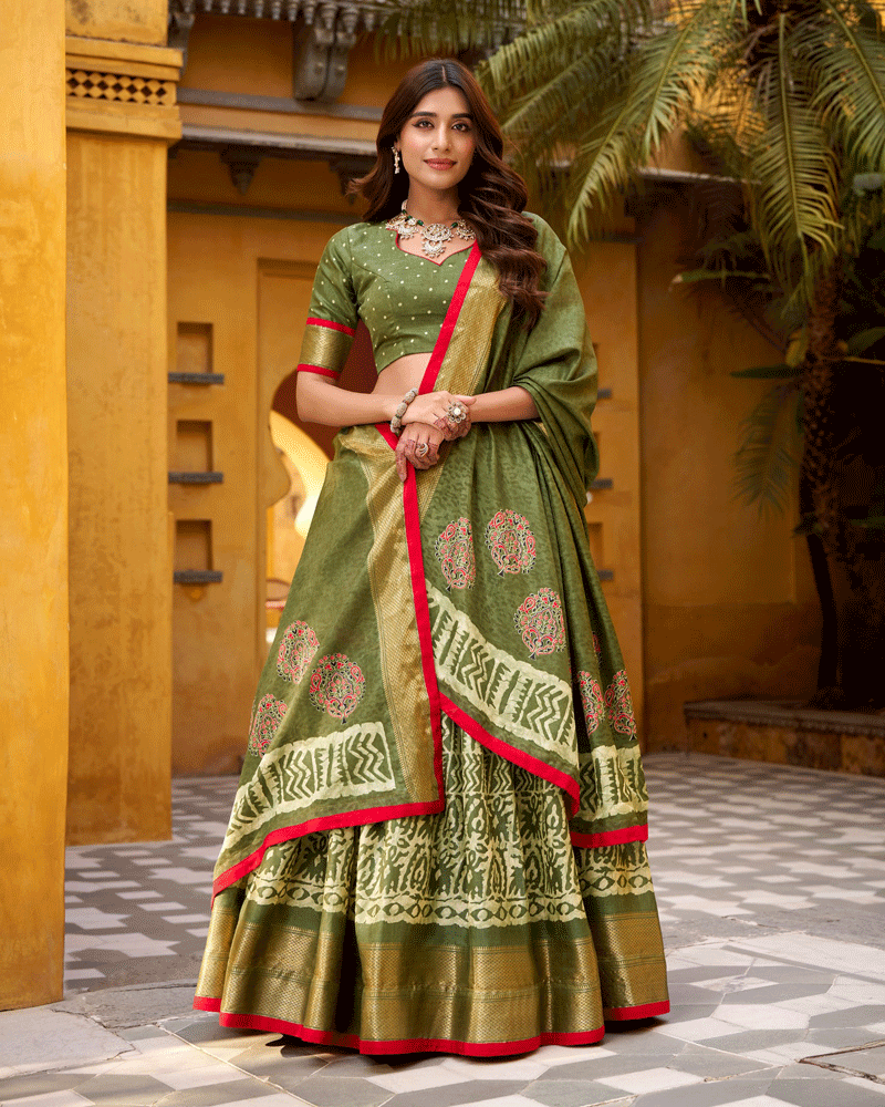 Mehndi Color Ethnic Batik Printed Lehenga Set