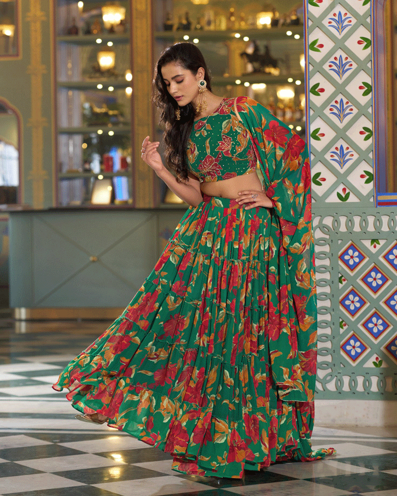 Designer Green Floral Printed Marble Lehenga Choli