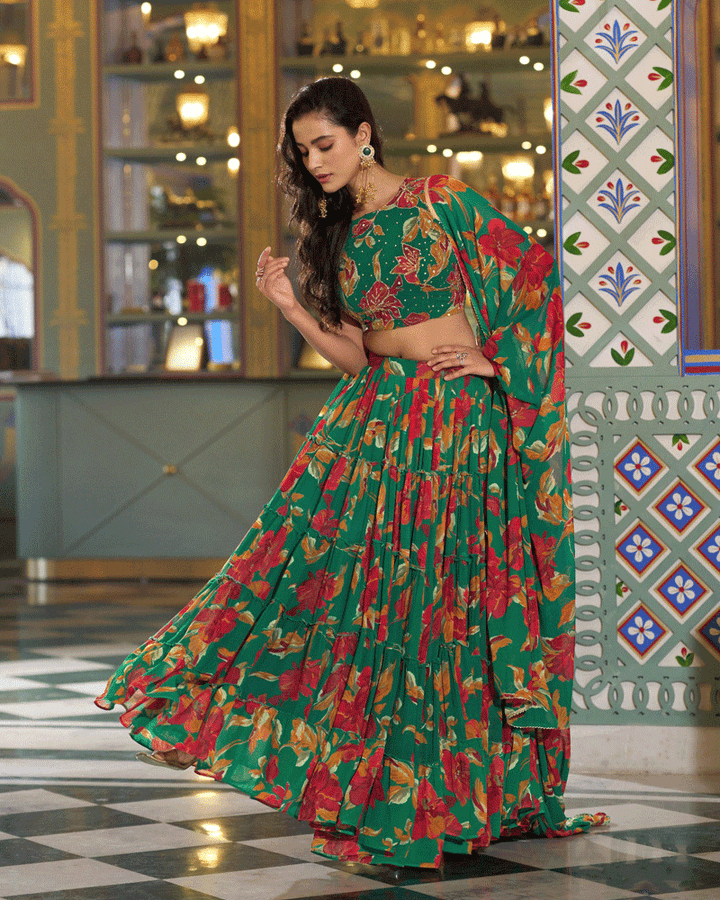 Designer Green Floral Printed Marble Lehenga Choli