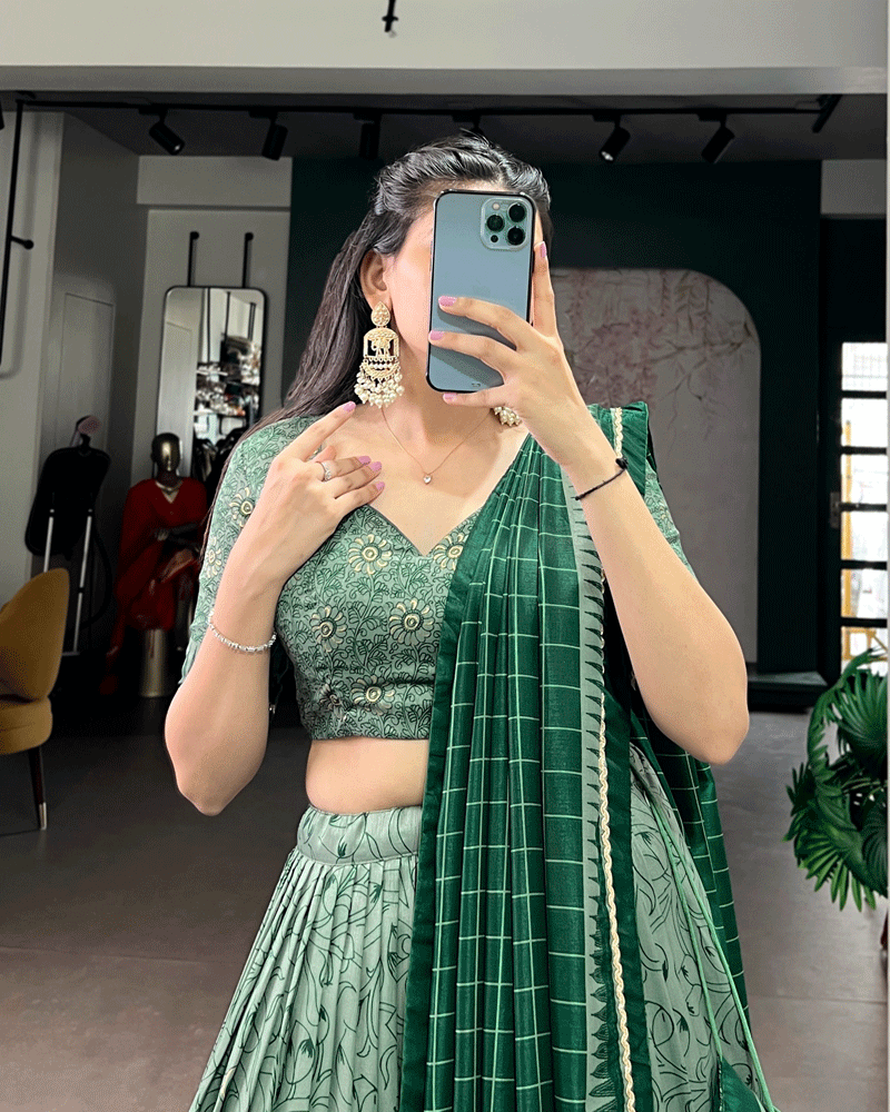 Green Color Kalamkari Printed Flared Lehenga Choli Set