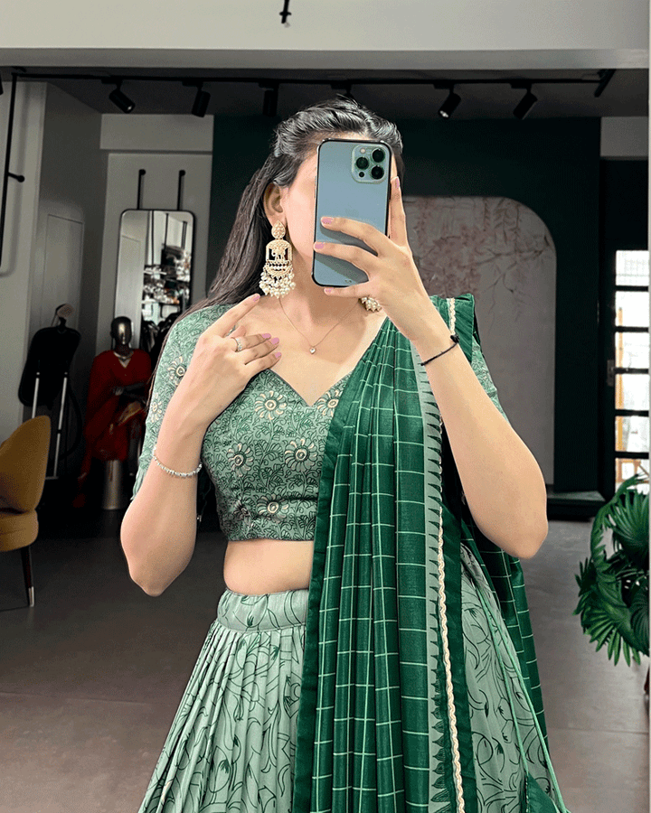 Green Color Kalamkari Printed Flared Lehenga Choli Set