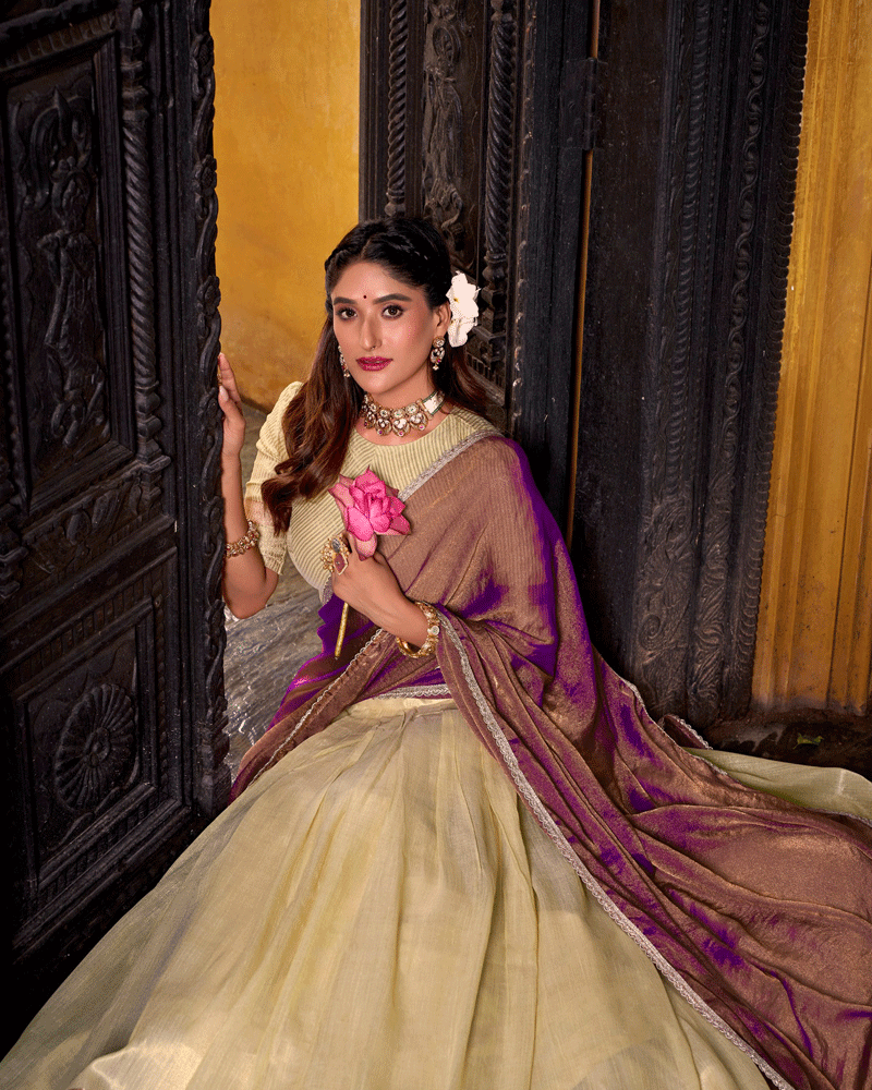 Graceful Yellow Color Dupion Silk Half Saree