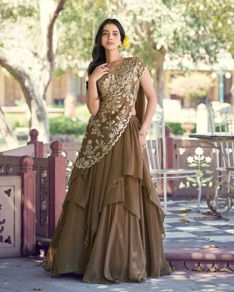 Elegant Olive Green Embroidered Layered Lehenga Choli