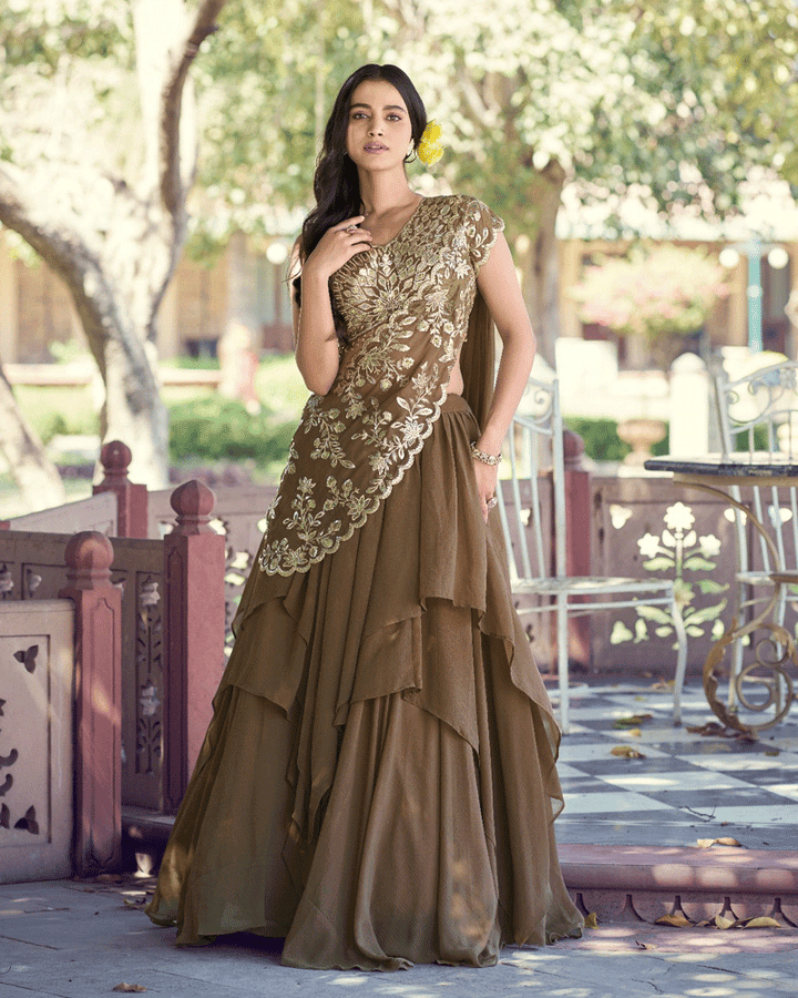 Elegant Olive Green Embroidered Layered Lehenga Choli