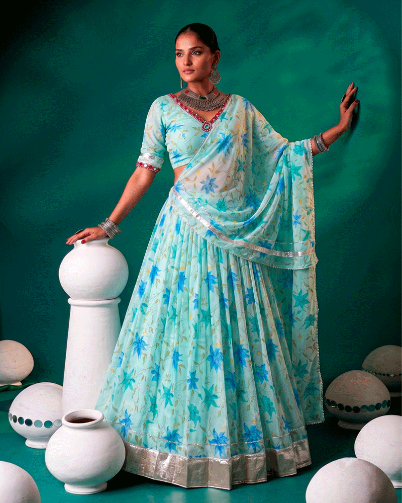 Light Pista Color Floral Printed Designer Lehenga Set