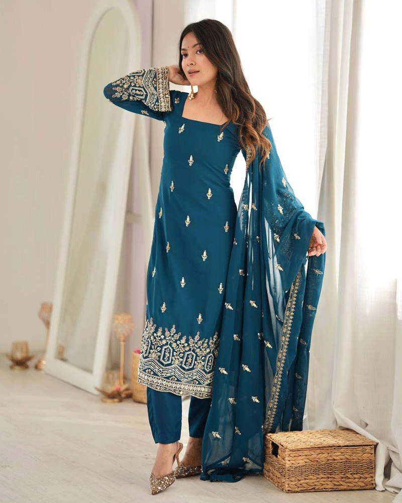 Rama Color Embroidered Traditional Kurta Pant Dupatta Set