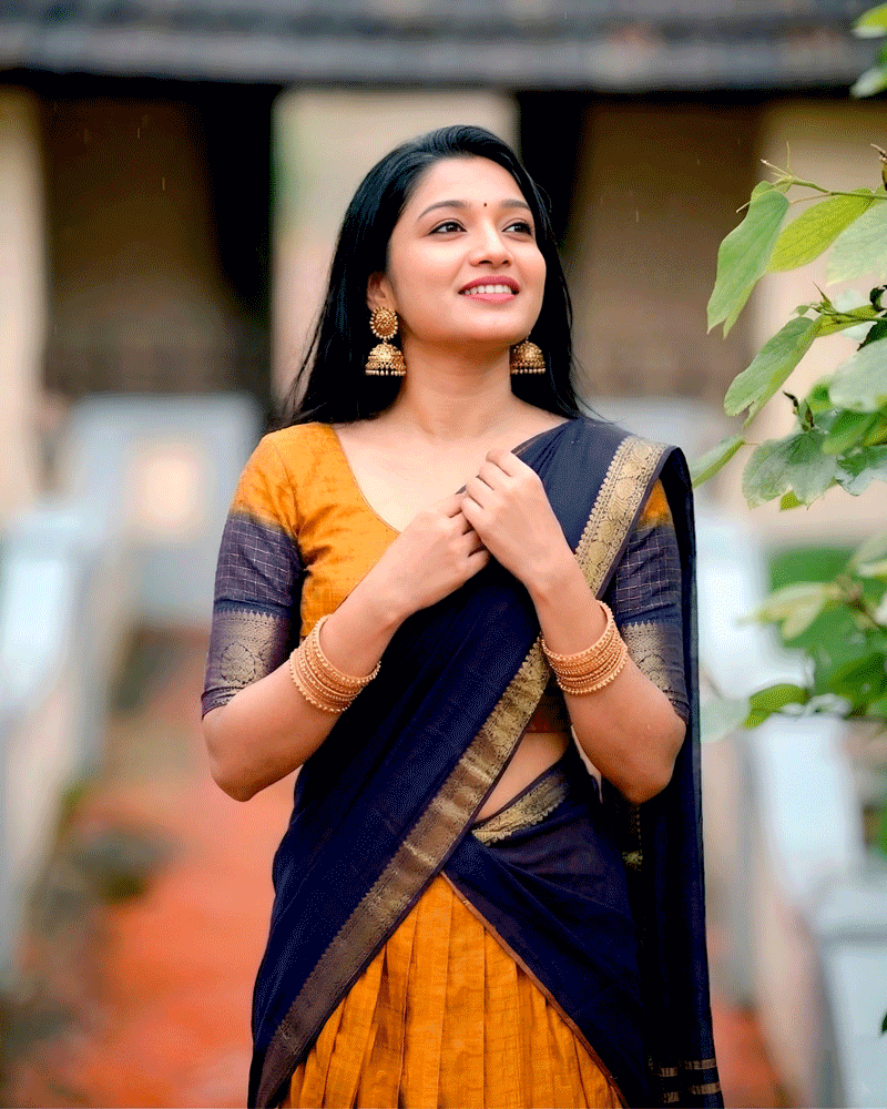 Designer Mustard Color Dola Silk Half Saree