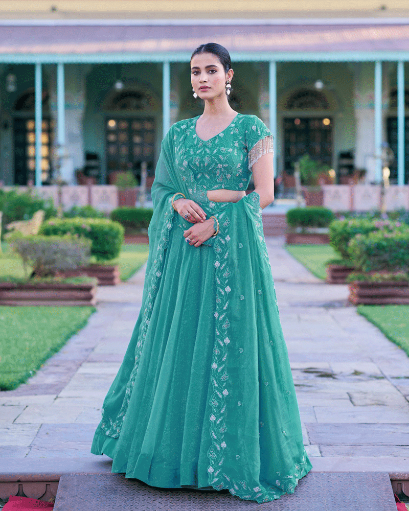 Aqua Green Gold Coin Embroidered Lehenga Choli