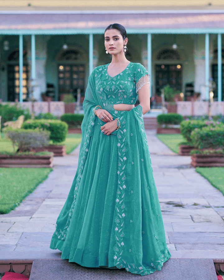 Aqua Green Gold Coin Embroidered Lehenga Choli