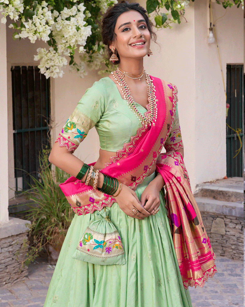 Pista Embroidered Jacquard Paithani Silk Lehenga Choli