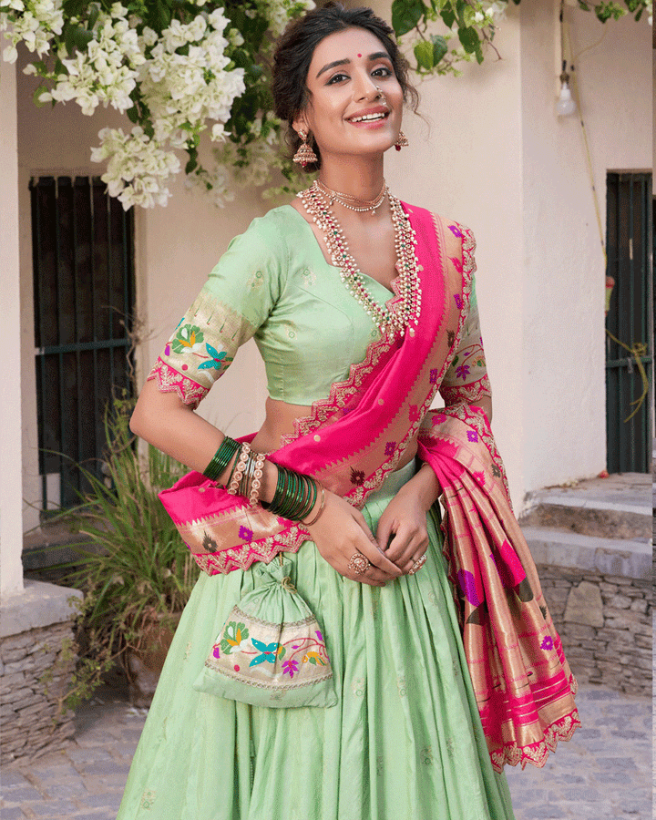Pista Embroidered Jacquard Paithani Silk Lehenga Choli