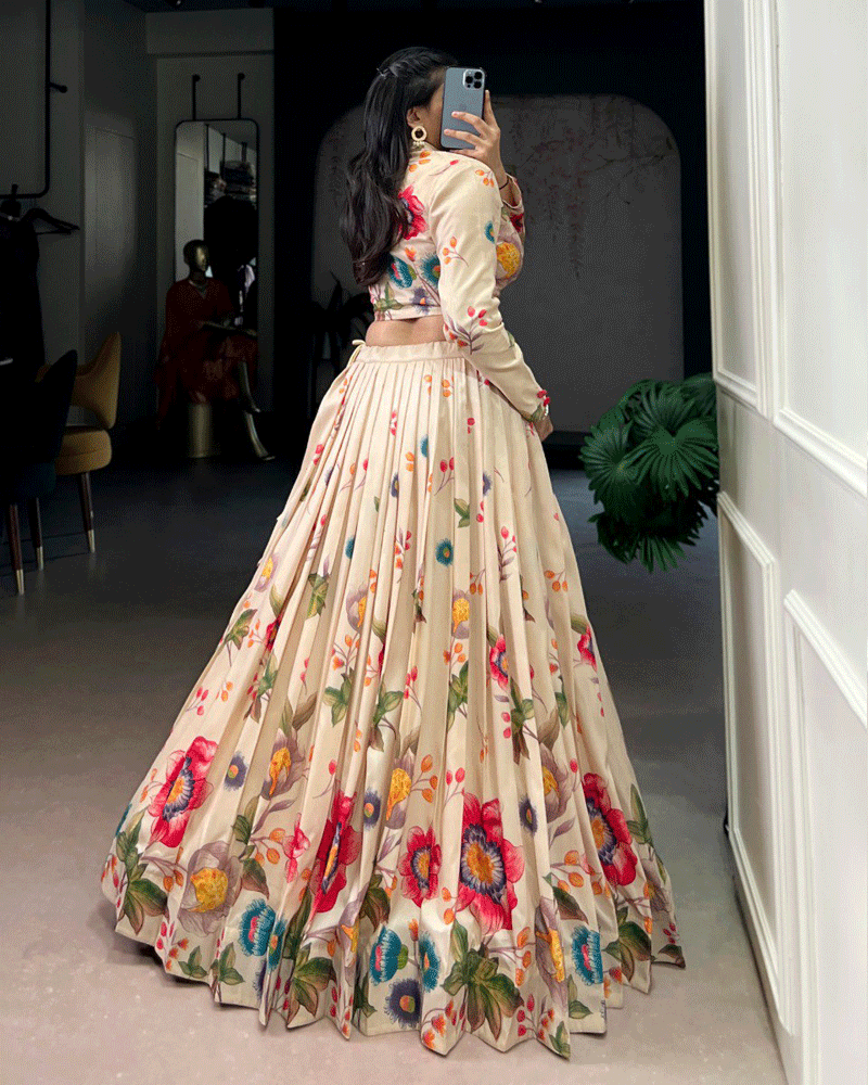 Cream Tasar Silk Multi Printed Lehenga Choli
