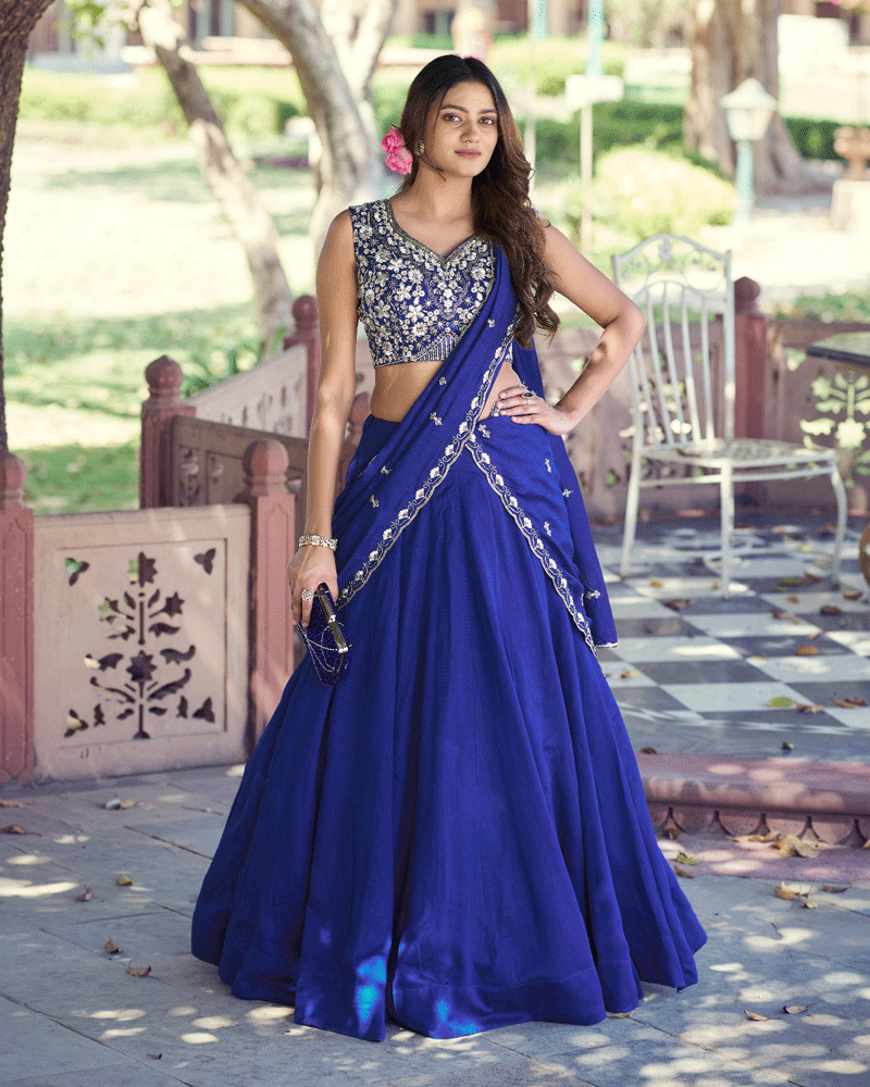 Elegant Royal Blue Embroidered Kashmiri Lehenga Choli