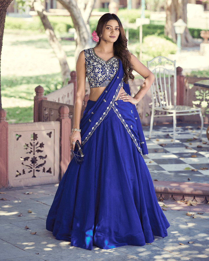 Elegant Royal Blue Embroidered Kashmiri Lehenga Choli