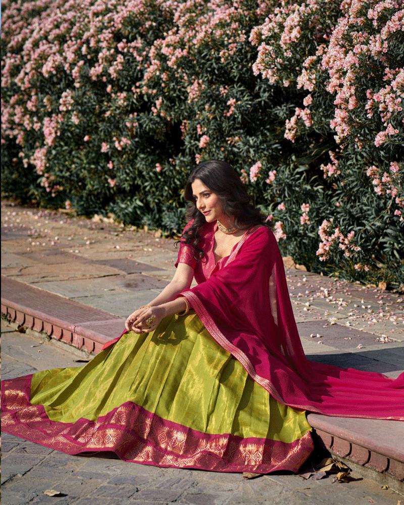 Designer Parrot Green Kanchipuram Half Saree