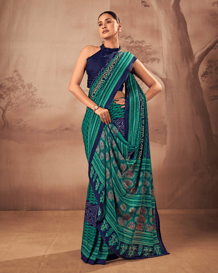 Designer Firozi Color Geometric Printed Saree