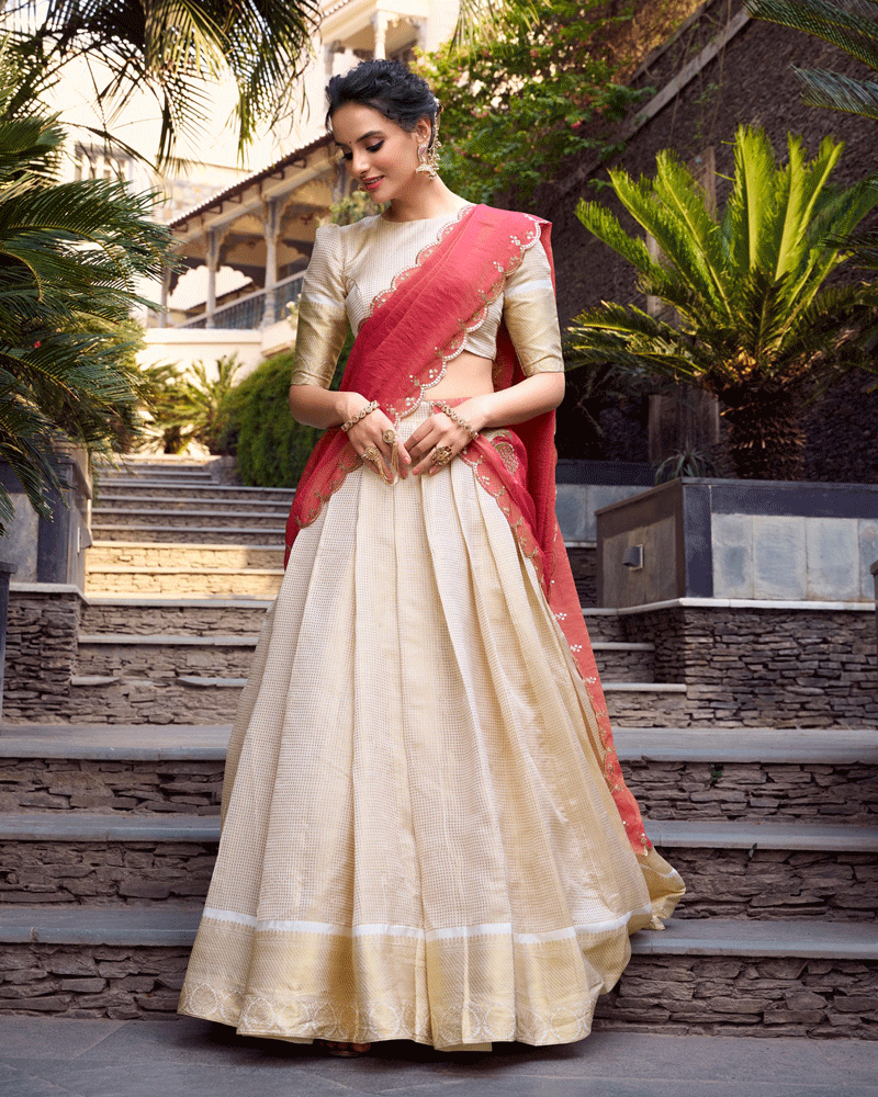 Pink Color Crafted Jacquard Chex Half Saree