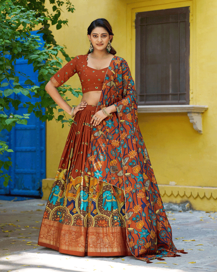 Rust Orange Color Tasar Silk Printed Lehenga Choli