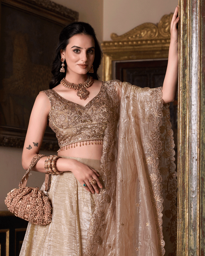 Elegence Chikoo Color Gold Crush Embroidered Lehenga Choli