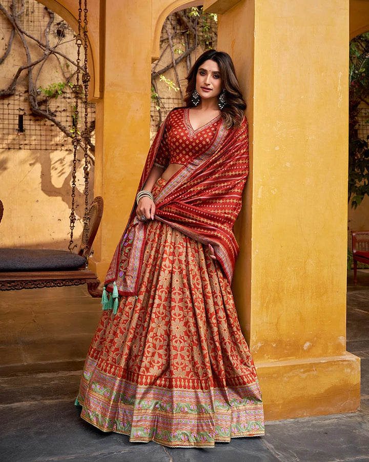 Rust Orange Color Sparkle Printed Silk Lehenga Choli