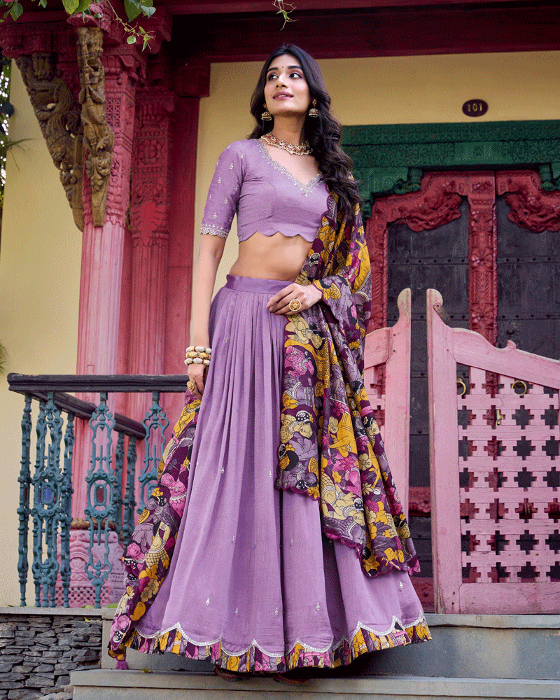 Royal Lavender Vichitra Silk Embroidered Lehenga Choli Set